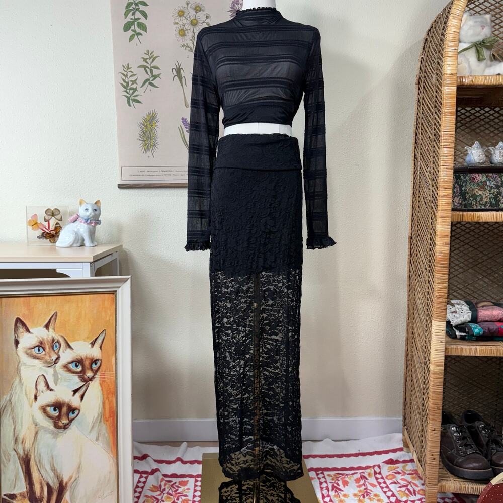 Y2k Sheer Lace Fold Over Maxi Skirt Dark Romantic Goth Sexy Vampire Witchy S